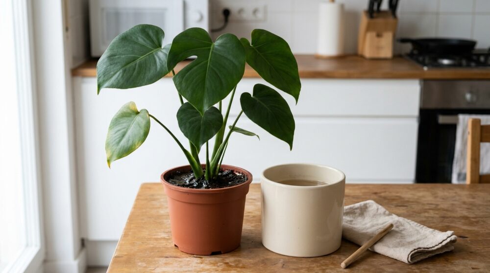 Monstera im Innentopf neben einem Übertopf mit stehendem Wasser