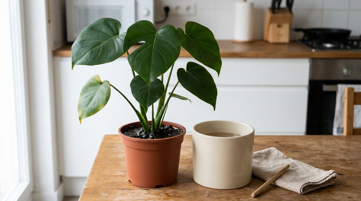 Monstera im Innentopf neben einem Übertopf mit stehendem Wasser