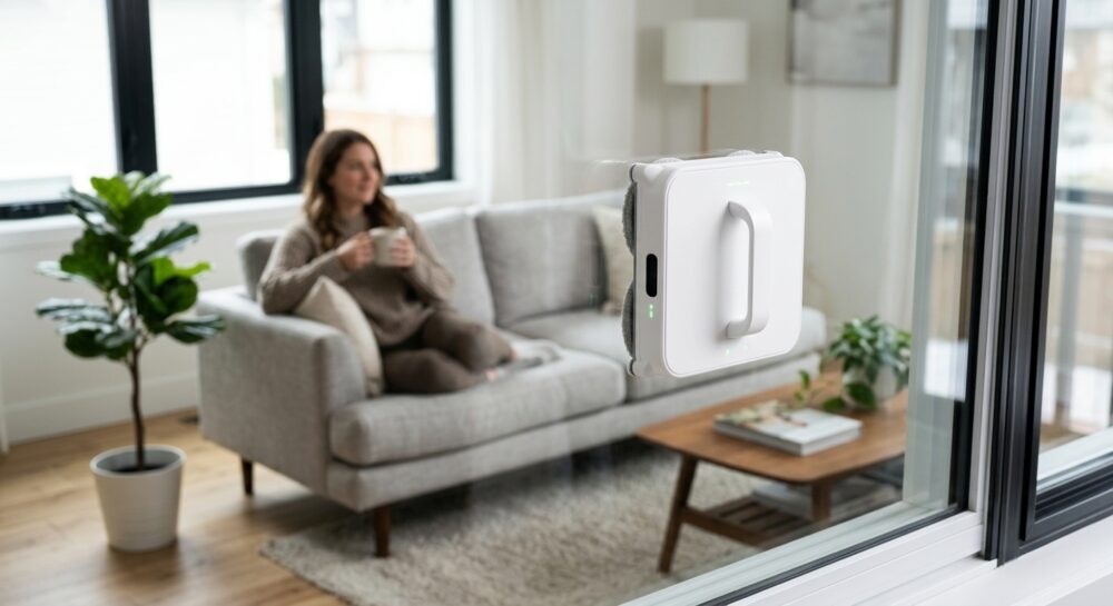Ein weißer Fensterputzroboter reinigt selbstständig eine große Fensterscheibe.