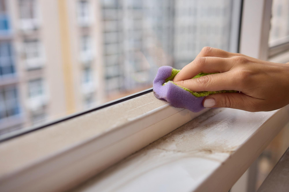Hand mit violett-grünem Schwamm reinigt verschmutzten Kunststoff-Fensterrahmen; Fokus auf Rille und Schmutzrand, Stadt unscharf im Hintergrund.