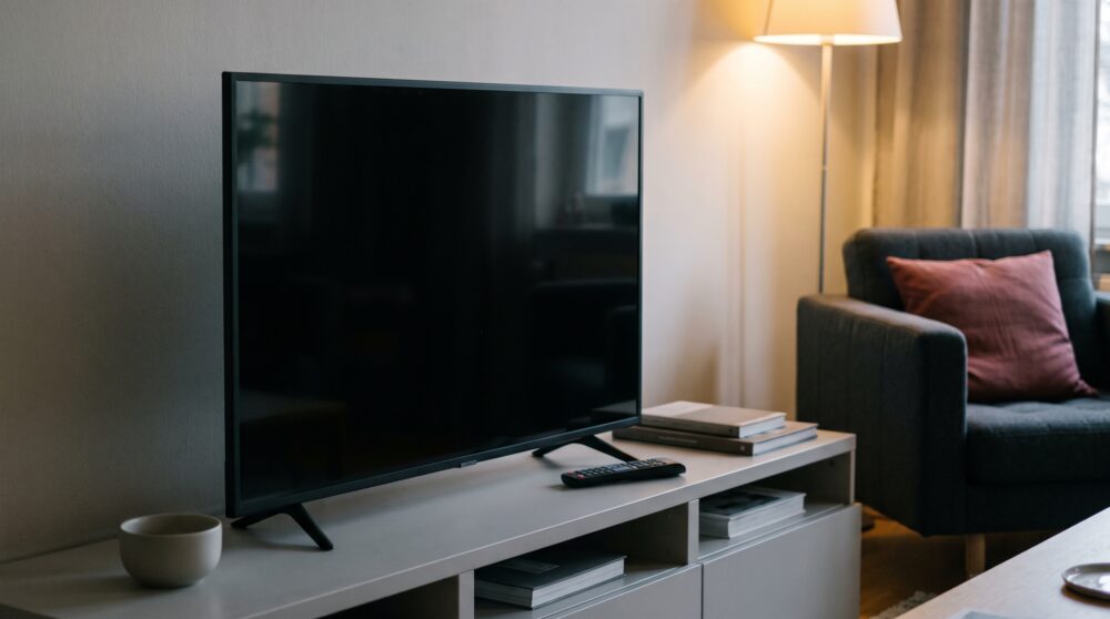 Ausgeschalteter Fernseher auf einer Medienbank im Wohnzimmer