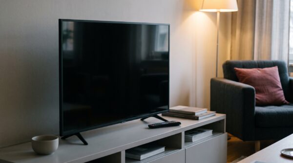 Ausgeschalteter Fernseher auf einer Medienbank im Wohnzimmer