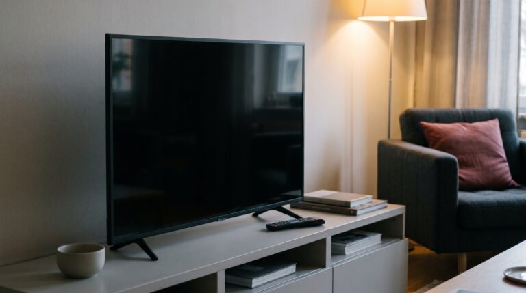Ausgeschalteter Fernseher auf einer Medienbank im Wohnzimmer