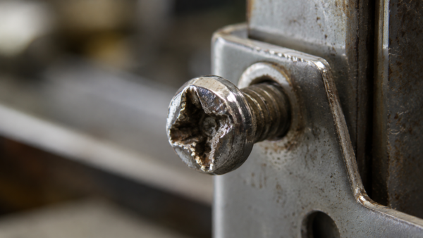 Rundgedrehter Schraubenkopf einer festsitzenden Schraube in einer alten Metallhalterung