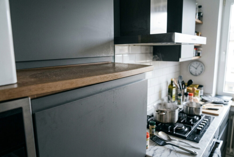 Fettfilm auf Küchenschränken in einer modernen Küche nach dem Kochen