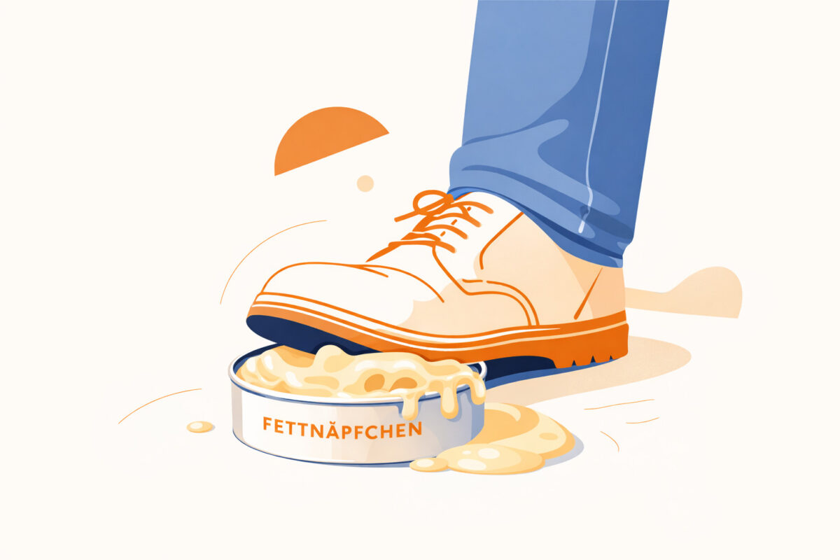 Illustration eines Fußes in einem orangefarbenen Schuh, der in ein kleines Näpfchen mit der Aufschrift „Fettnäpfchen" tritt – das Fett spritzt zur Seite.