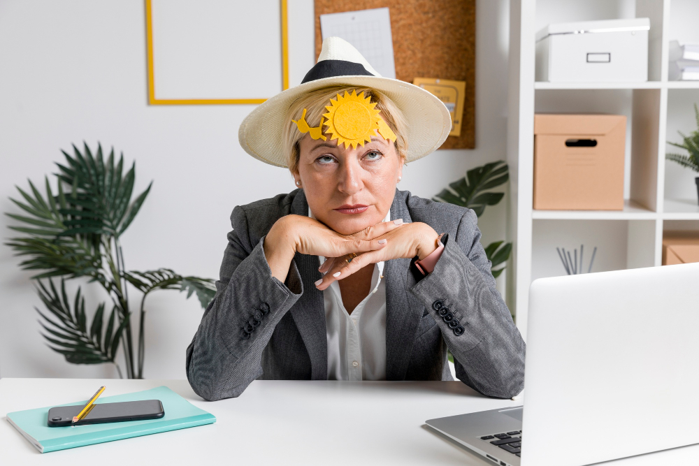 Frau mit Sonnenhut und Sonne auf der Stirn wirkt erschöpft von Hitze im Büro