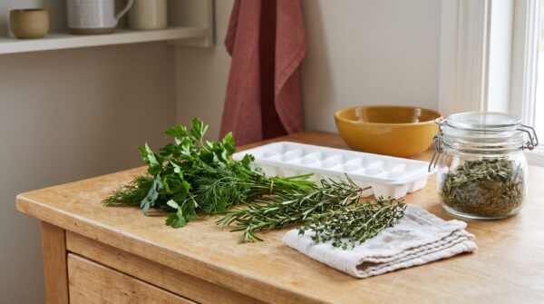 Petersilie, Dill, Rosmarin und Thymian liegen mit Eiswürfelform, ausgewrungenem Tuch und einem Glas getrockneter Kräuter auf einem Holzsideboard.