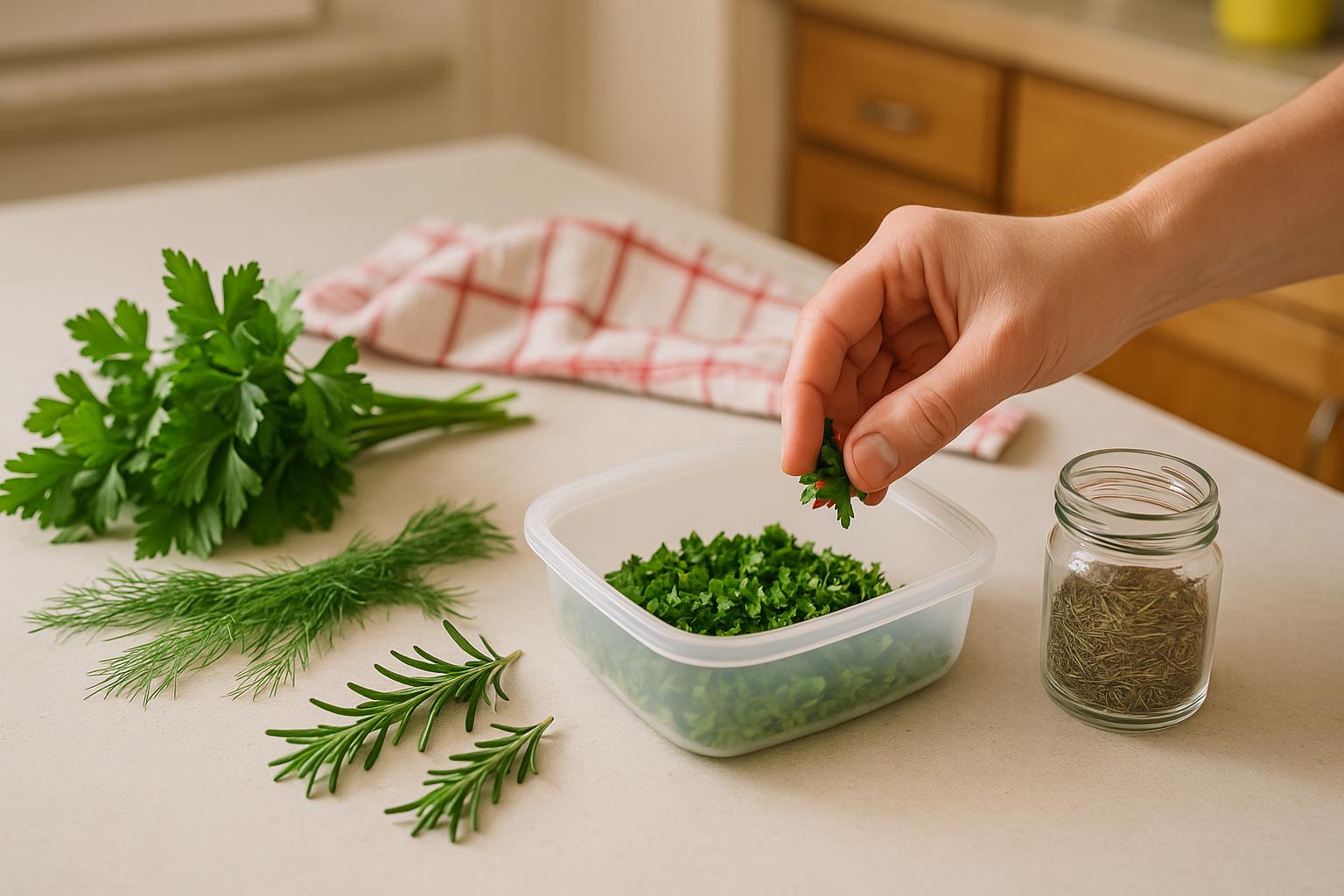 Petersilie, Dill und Rosmarin neben einer Gefrierdose und einem Glas mit getrockneten Kräutern