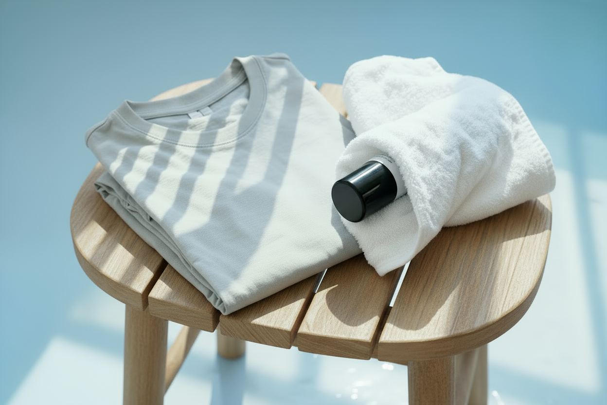 Gefaltetes T-Shirt mit in Handtuch gewickeltem Deo auf Holzstuhl, symbolisch für Frische und Tipps gegen Sorge wegen Körpergeruch.