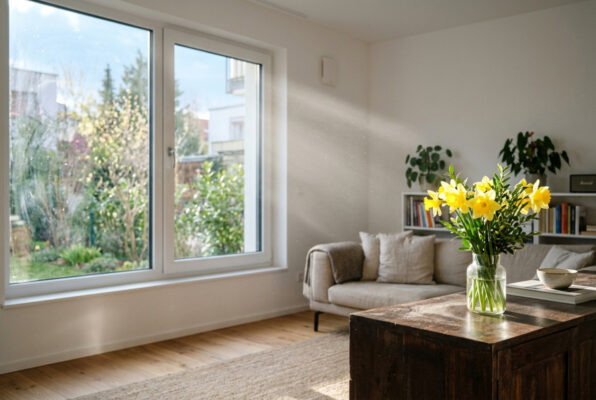 Warum der Frühling jede Unordnung sichtbar macht: Sonnenlicht fällt ins Wohnzimmer und macht Staubpartikel in der Luft und auf Möbeln sichtbar.