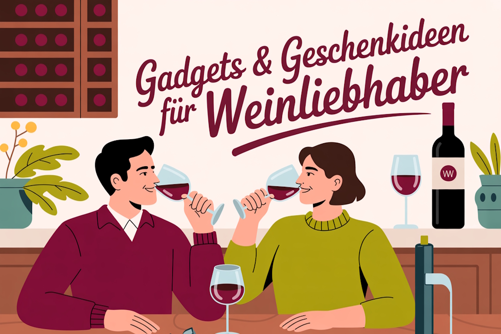 Illustration eines Paares beim Anstoßen mit Rotweingläsern, umgeben von Weinflaschen, Gläsern und Pflanzen, mit dem Schriftzug „Gadgets & Geschenkideen für Weinliebhaber“.