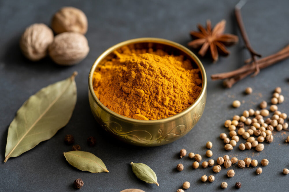 Garam Masala benutzen: gemahlene Gewürzmischung in einer Schale, umgeben von Koriandersamen, Zimt, Lorbeer und Muskat.