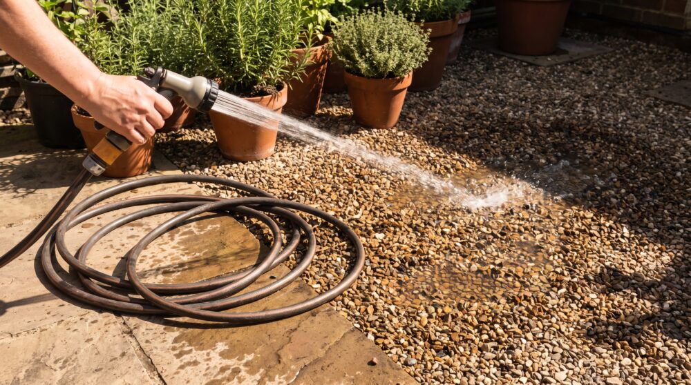 Eine Hand hält die Brause eines sonnenwarmen Gartenschlauchs und richtet den Wasserstrahl auf eine freie Kiesfläche.