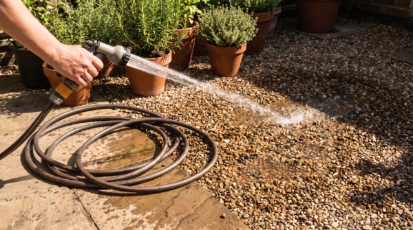 Eine Hand hält die Brause eines sonnenwarmen Gartenschlauchs und richtet den Wasserstrahl auf eine freie Kiesfläche.