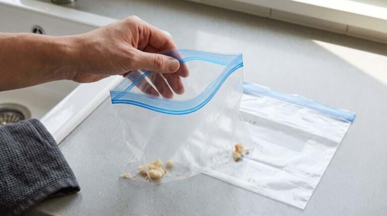 Geöffneter gebrauchter Gefrierbeutel mit wenigen Brotkrümeln auf einer Küchenarbeitsplatte