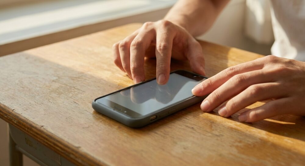 Eine Hand prüft mit dem Fingernagel vorsichtig das Display eines gebrauchten Smartphones auf tiefe Kratzer.