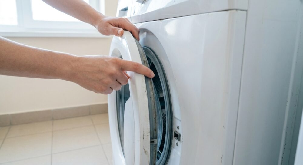 Hände prüfen die Gummidichtung einer gebrauchten Waschmaschine auf Risse und Schimmel.