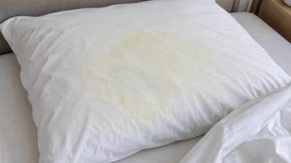 Kopfkissen mit gelblichen Flecken auf dem weißen Bezug