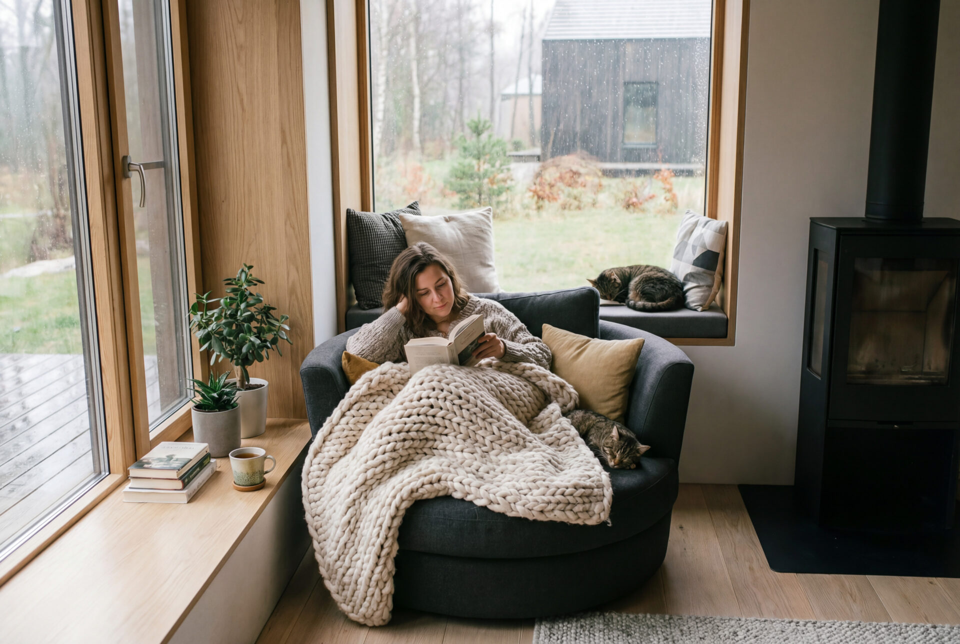Gemütliche Lesestunde in einer hellen Leseecke mit Frau im Sessel, dicker Decke und zwei ruhenden Katzen am Fenster