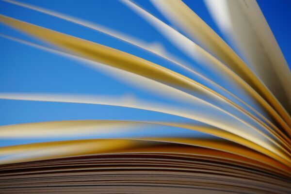 Aufgefächertes Buch mit geöffneten Seiten vor blauem Hintergrund