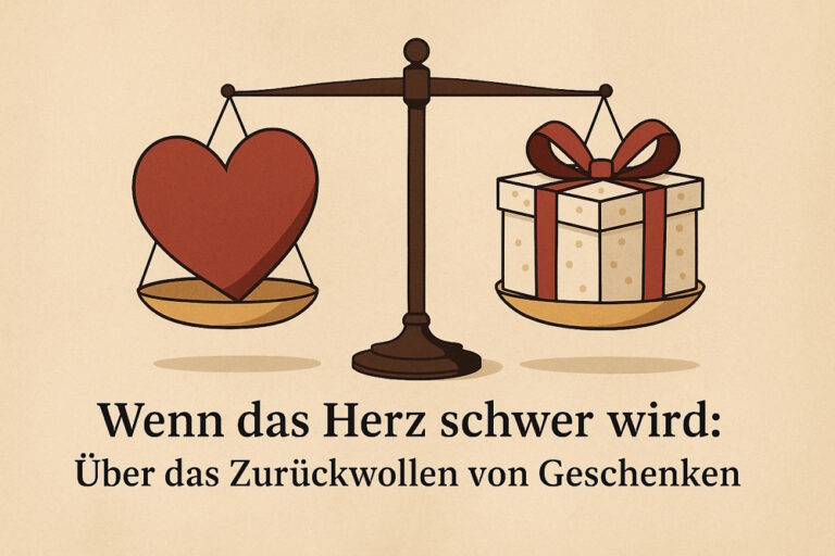 Illustration einer Waage, auf deren linker Seite ein rotes Herz und rechts ein verpacktes Geschenk liegen. Darunter steht der Text: "Wenn das Herz schwer wird: Über das Zurückwollen von Geschenken".