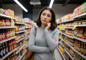 Eine Frau steht nachdenklich in einem Supermarktgang zwischen Regalen voller Lebensmittel, die gesunde und ungesunde Ernährung symbolisieren.