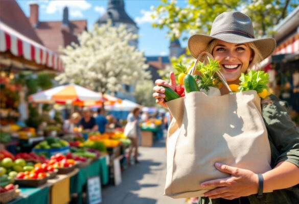 Eine strahlende Frau mit einem gefüllten Einkaufsbeutel voller gesunder Lebensmittel mit frischem Gemüse und Kräutern auf einem sonnigen Wochenmarkt – ein Bild für gesunde Ernährung für wenig Geld.