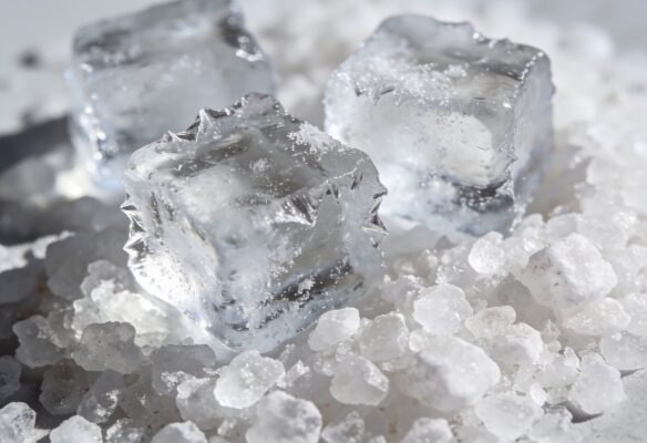 Eiswürfel liegen zwischen groben Salzkristallen für ein kaltes Eis-Salz-Bad