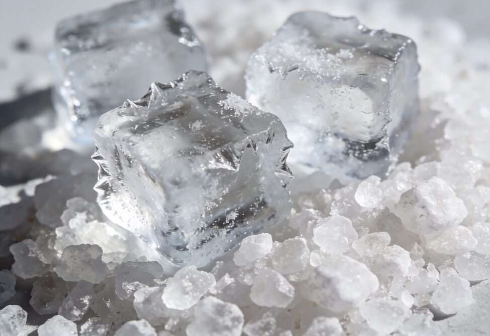 Eiswürfel liegen zwischen groben Salzkristallen für ein kaltes Eis-Salz-Bad