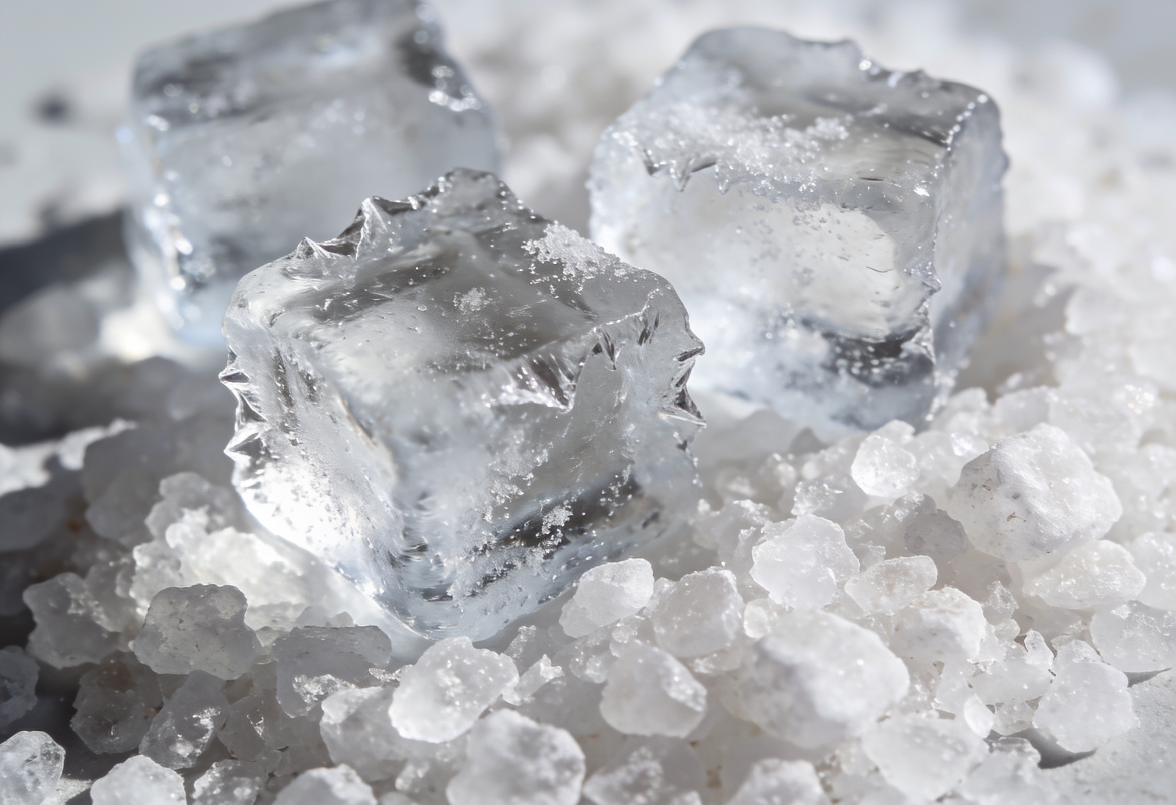 Eiswürfel liegen zwischen groben Salzkristallen für ein kaltes Eis-Salz-Bad