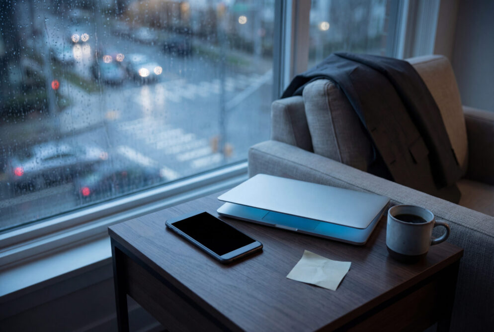 Laptop, Smartphone und Kaffeetasse am Fenster mit Regentropfen - Ghosting im Bewerbungsprozess, Warten auf Rückmeldung