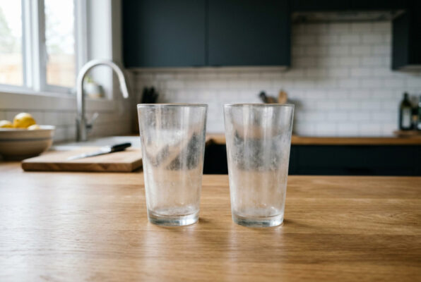 Gläser auf der Küchenarbeitsplatte nach dem Spülgang aus der Spülmaschine