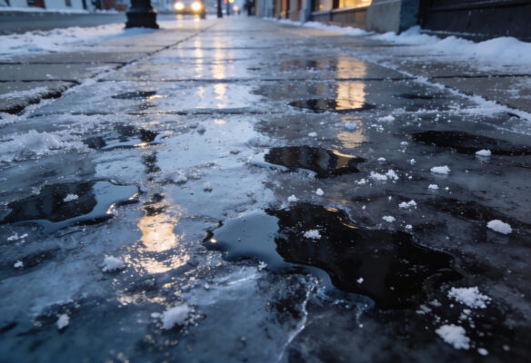 Spiegelglatter Gehweg mit schwarzen Eisflächen und Schneeresten, Lichtreflexe auf dem Eis – typische Glatteisgefahr im Winter.