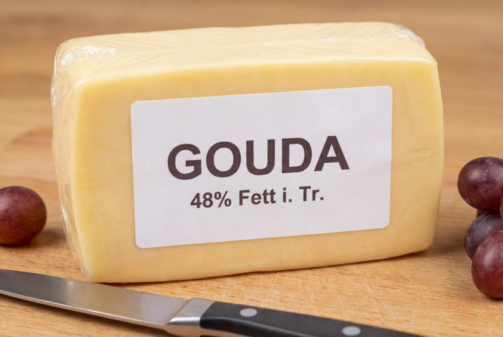 Gouda-Stück mit Etikett „48 % Fett i. Tr.“ auf einem Holzbrett, daneben ein Messer und Trauben