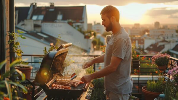 Ein Mann wendet Würstchen mit einer Zange auf einem geöffneten Grill zwischen Balkonpflanzen und Blumentöpfen.