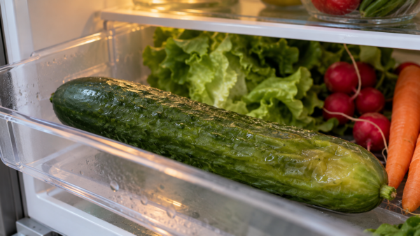 Weiche Gurke liegt im Gemüsefach eines Kühlschranks zwischen Salat, Radieschen und Karotten