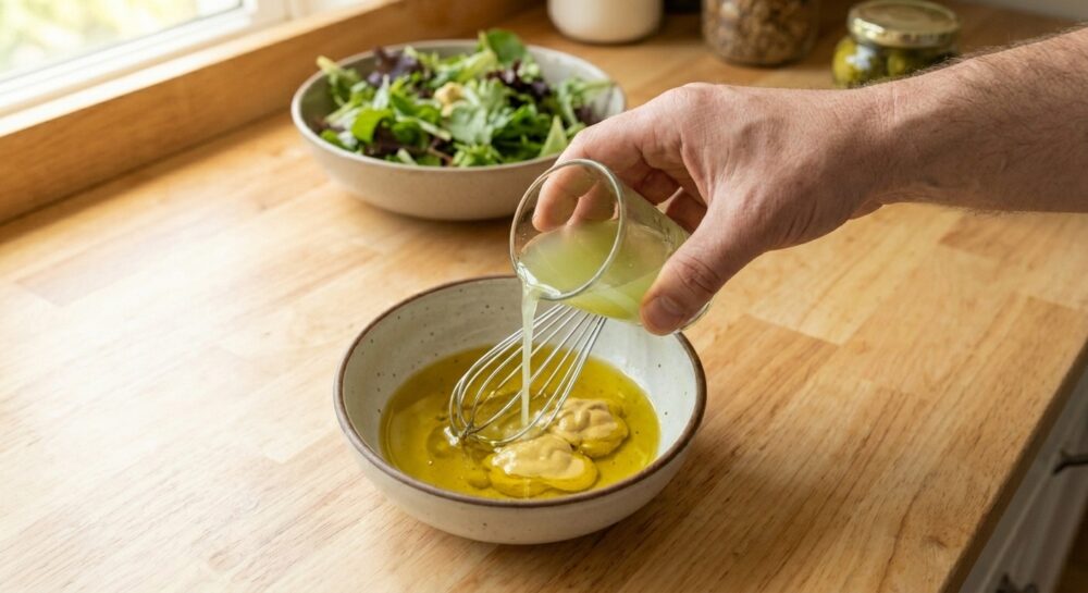 Eine Hand gießt Gurkenwasser in eine Schüssel mit Öl und Senf für ein Salatdressing.
