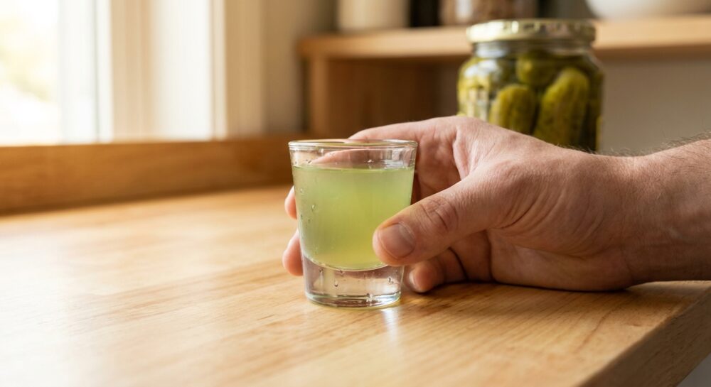 Eine Hand hält ein kleines Schnapsglas mit eiskaltem Gurkenwasser auf einer hellen Küchenarbeitsplatte.