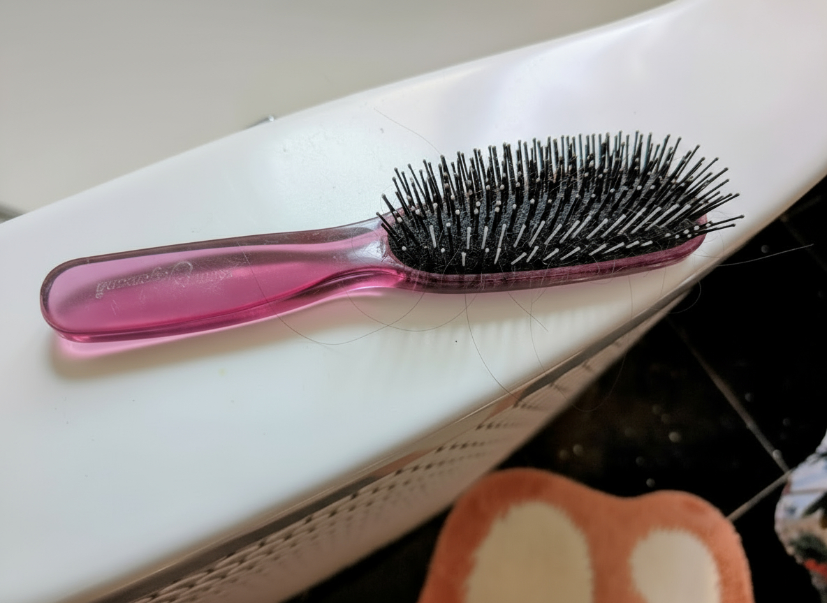 Verschmutzte Haarbürste mit Belag und Haarresten auf dem Badewannenrand - Vorher-Beispiel vor dem Haarbürste-entfetten und Reinigen.