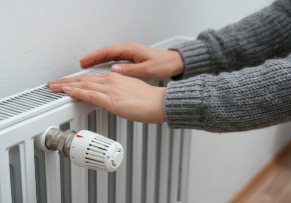 Eine Hand berührt das Gitter eines weißen Heizkörpers, die andere schwebt darüber. Am Ventil sitzt ein Thermostatkopf.
