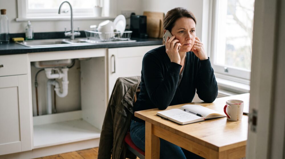Person telefoniert neben einem vorbereiteten Arbeitsbereich in einer bewohnten Küche