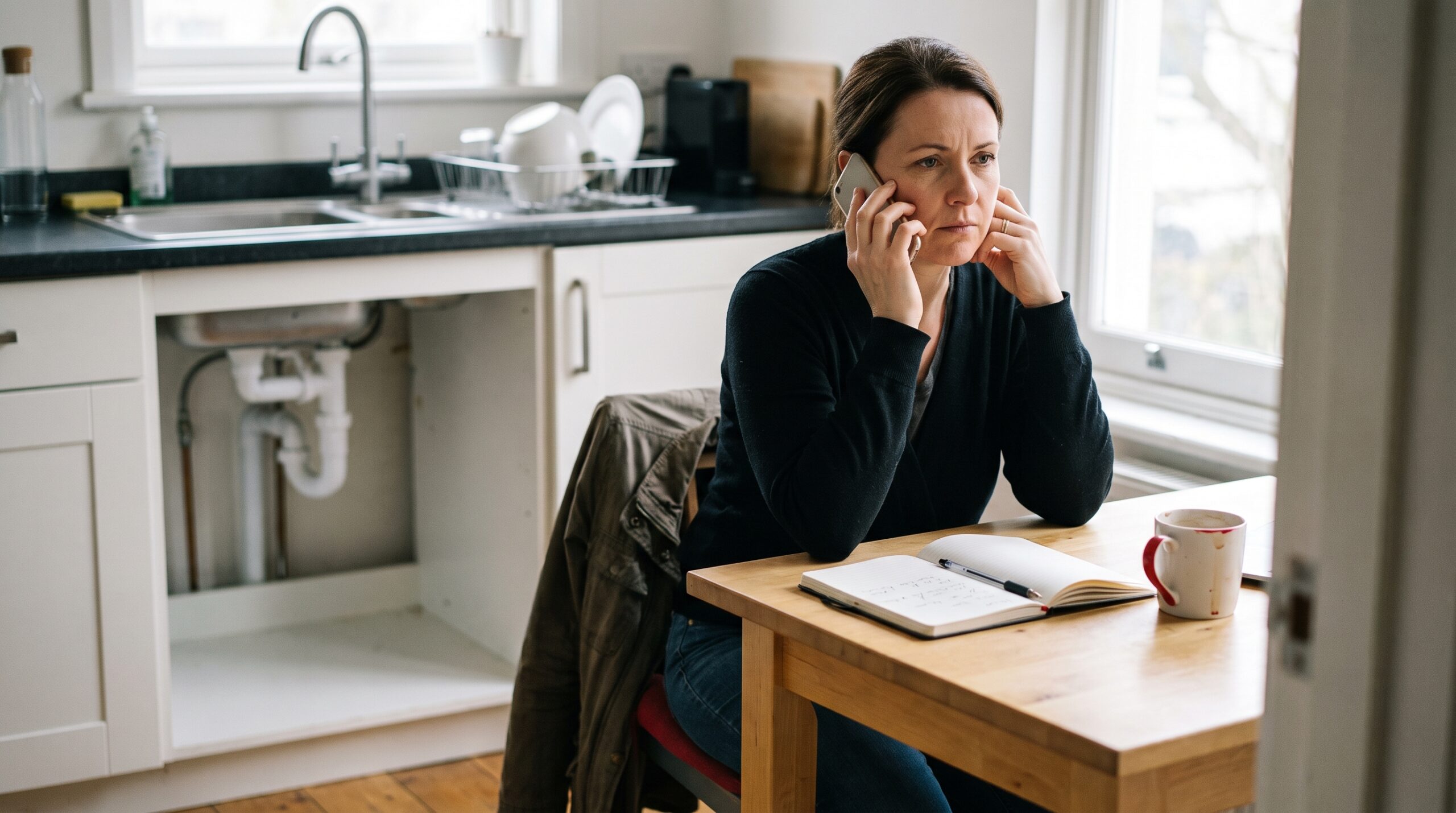 Person telefoniert neben einem vorbereiteten Arbeitsbereich in einer bewohnten Küche