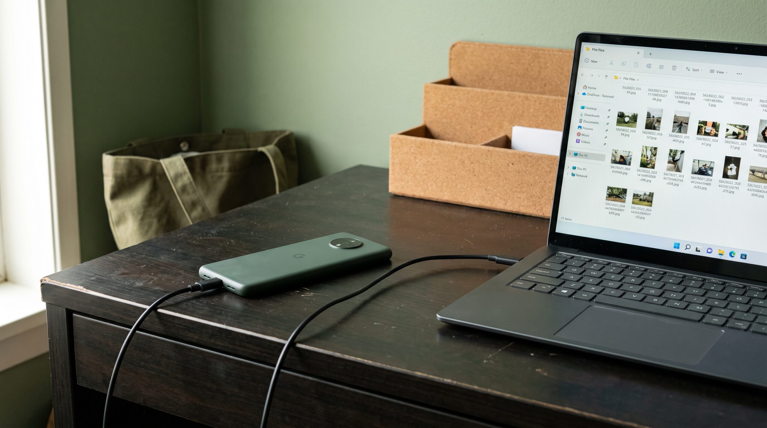 Android-Smartphone ist per USB-Kabel mit einem Windows-Laptop verbunden