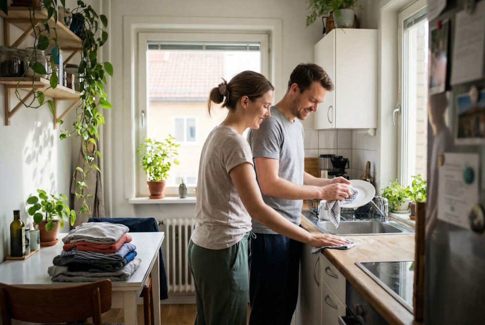 Paar macht gemeinsam Hausarbeit in der Küche - Haushaltsaufgaben fair verteilen