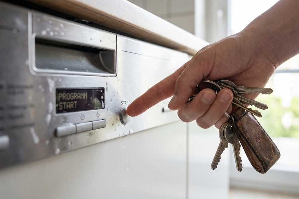 Hand drückt den Startbutton einer Spülmaschine mit Wohnungsschlüssel in der Hand - Sybolbild für Haushaltsgeräte alleine laufen lassen, wenn man abwesend ist