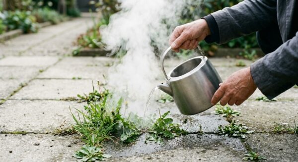 Eine Person gießt heißes Wasser aus einem Wasserkocher auf Unkraut zwischen Terrassenplatten.