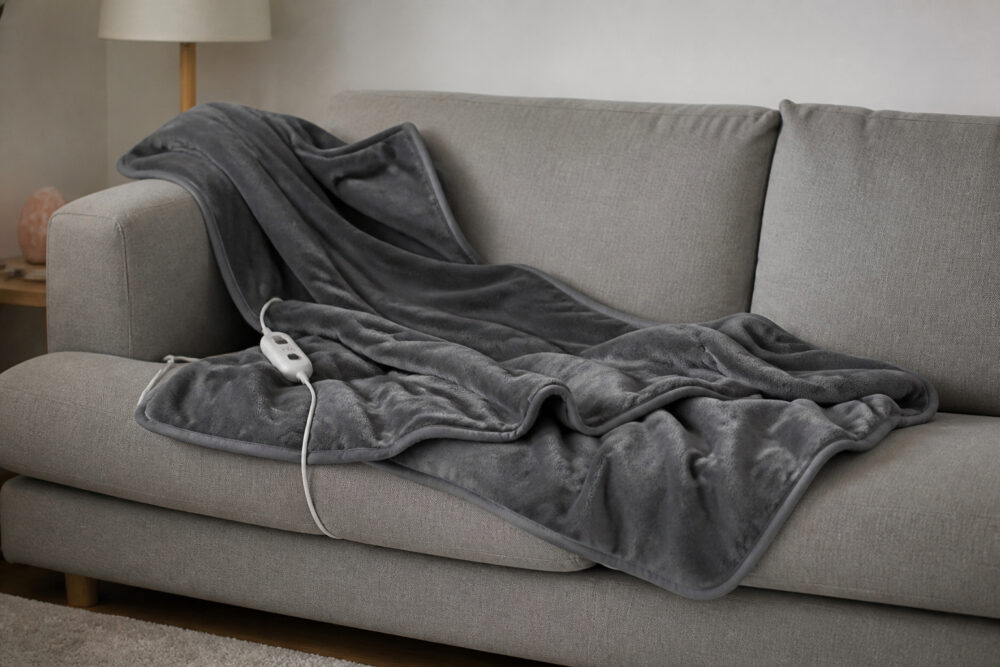 Graue elektrische Heizdecke mit Bedienteil auf einem Sofa
