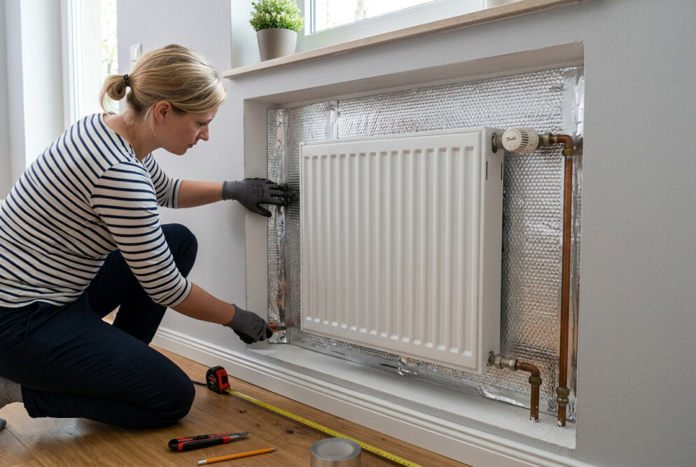 Eine Heimwerkerin mit Handschuhen und gestreiftem Shirt dämmt eine Heizkörpernische mit silberner Reflexionsfolie. Sie kniet auf dem Holzboden und passt die Folie mit einem Cuttermesser an.