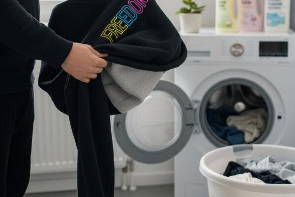 Eine Person dreht einen schwarzen Hoodie mit einem mehrfarbigen Aufdruck ("FREEDOM") auf links vor dem Waschen um, um den Aufdruck vor Abrieb zu schützen. Im Hintergrund ist eine offene Waschmaschine und ein Wäschekorb zu sehen.